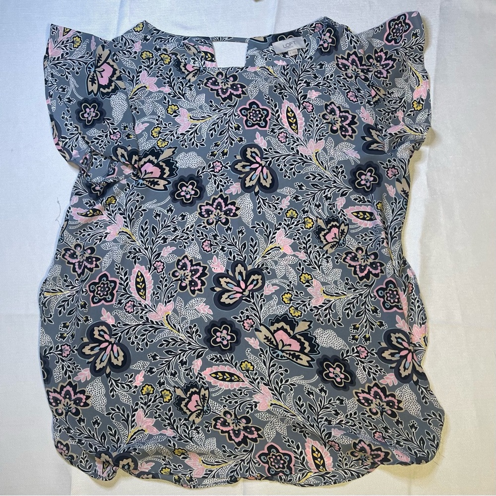 LOFT Floral Print Blouse - Gray, Pink, Yellow